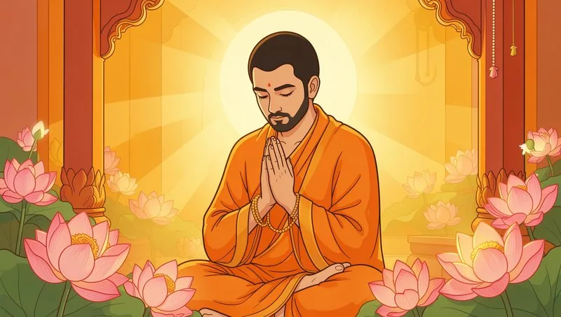 A person meditating among lotus flowers, applying Gita wisdom in daily life