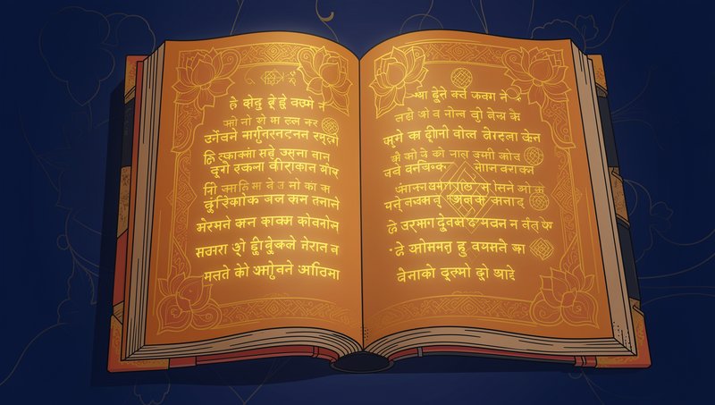Bhagavad Gita wisdom — ancient Sanskrit manuscript with golden light