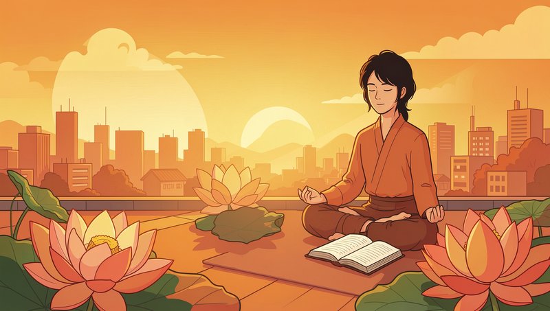 Morning Gita practice — meditation at sunrise with open book